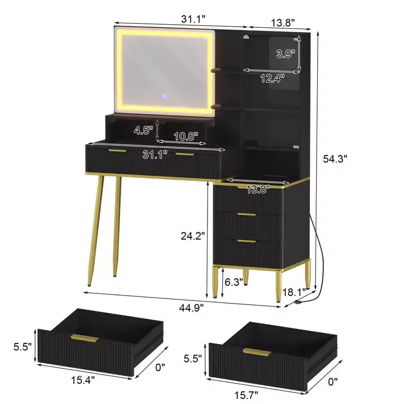 Toeletta da Trucco con Presa di Corrente, Piano in Vetro, Specchio Illuminato, 5 Cassetti e Anta in Acrilico