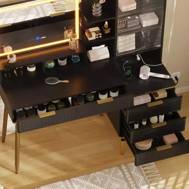 Toeletta da Trucco con Presa di Corrente, Piano in Vetro, Specchio Illuminato, 5 Cassetti e Anta in Acrilico