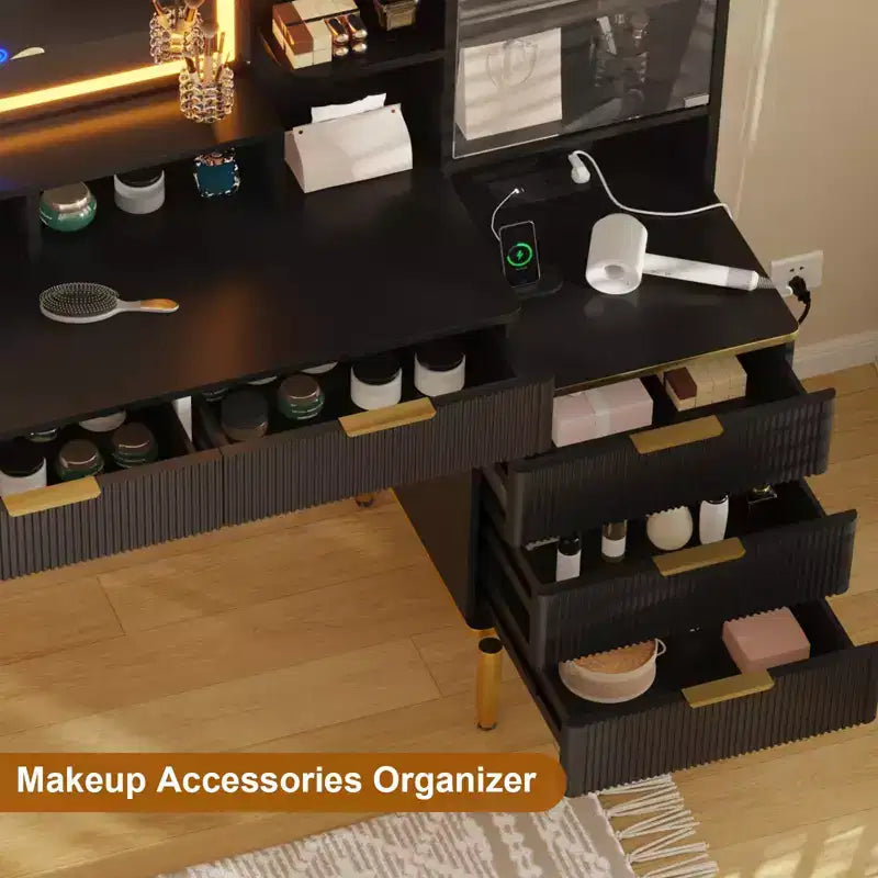 Toeletta da Trucco con Presa di Corrente, Piano in Vetro, Specchio Illuminato, 5 Cassetti e Anta in Acrilico