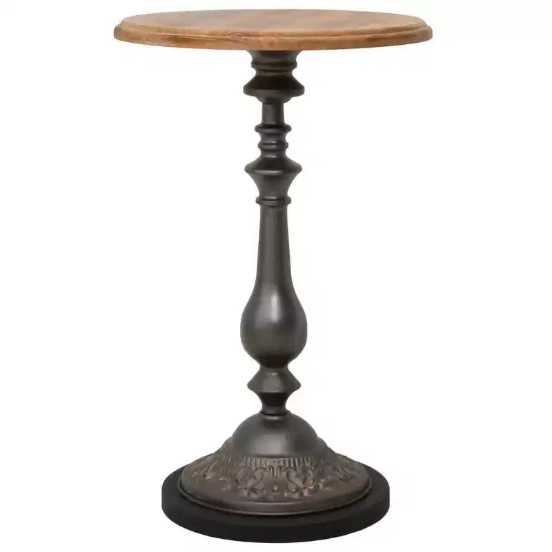 Solid Fir Wood Round End Table, Brown, Steel Pedestal Base, 15.7" Diameter