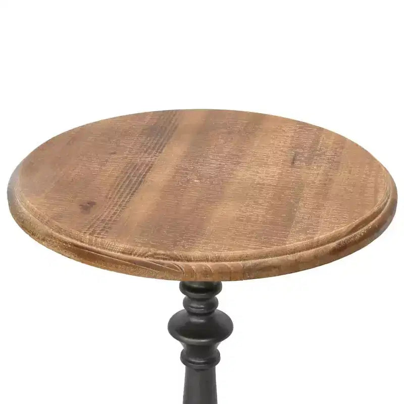 Tavolino Rotondo in Legno Massello di Abete, Marrone, Base a Piedistallo in Acciaio, Diametro 40 cm