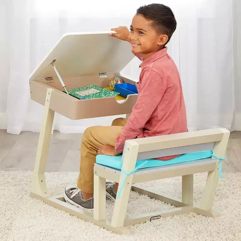 Scrivania da studio per bambini in legno con contenitore, altezza regolabile, piano inclinabile, per età 3+
