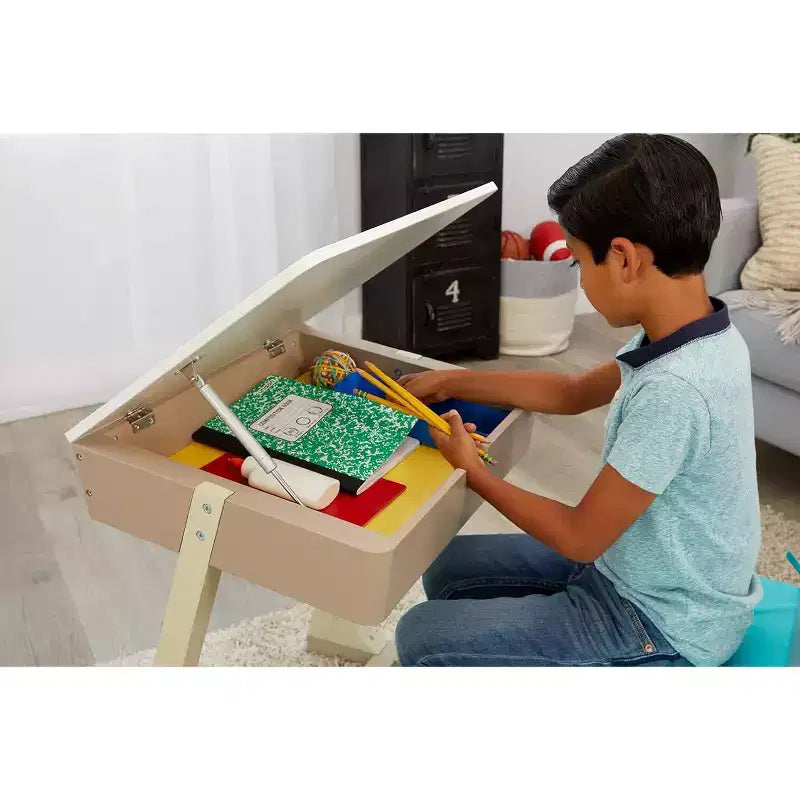 Scrivania da studio per bambini in legno con contenitore, altezza regolabile, piano inclinabile, per età 3+