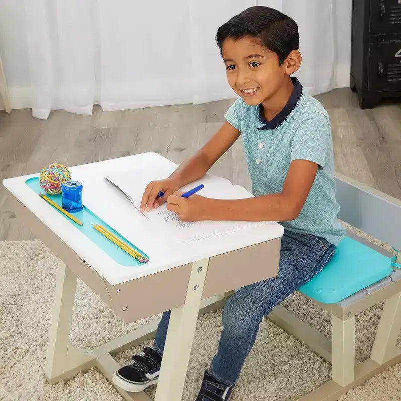Scrivania da studio per bambini in legno con contenitore, altezza regolabile, piano inclinabile, per età 3+