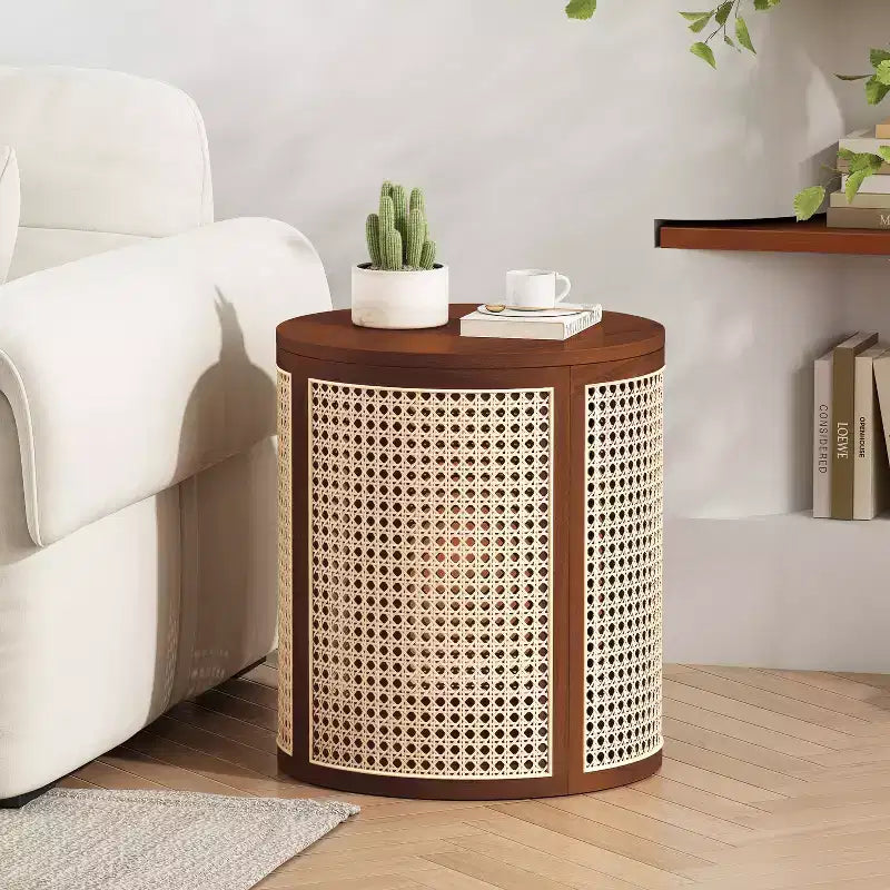 Tavolino rotondo in rattan con piano in legno di gomma massiccio, tavolino d'appoggio da 40 cm