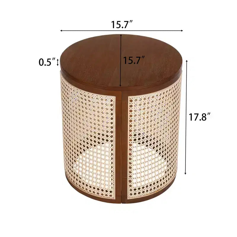 Tavolino rotondo in rattan con piano in legno di gomma massiccio, tavolino d'appoggio da 40 cm