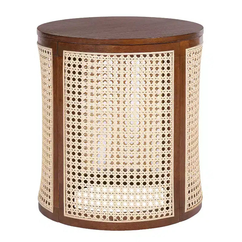Tavolino rotondo in rattan con piano in legno di gomma massiccio, tavolino d'appoggio da 40 cm