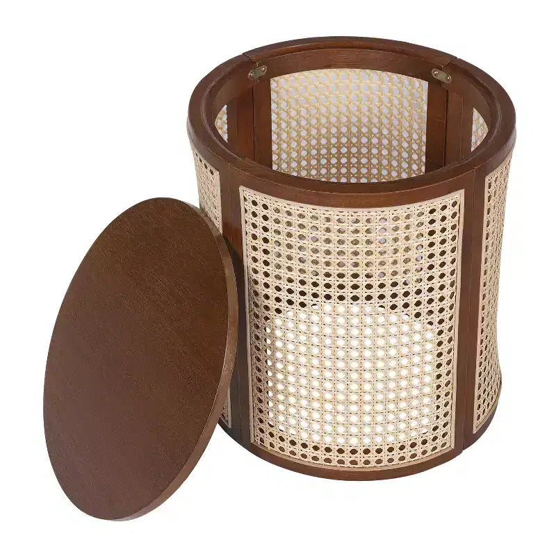 Tavolino rotondo in rattan con piano in legno di gomma massiccio, tavolino d'appoggio da 40 cm