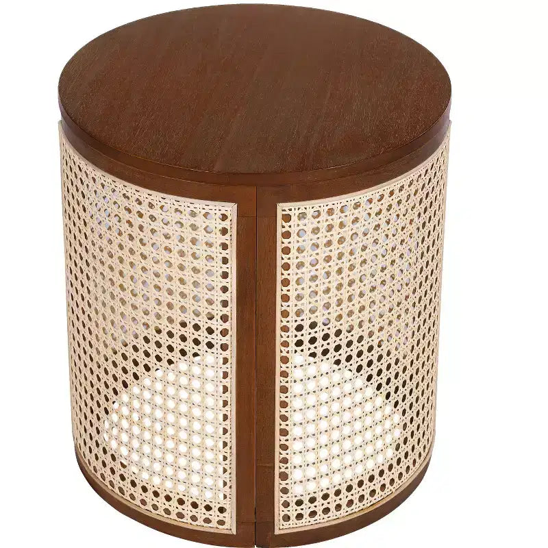 Tavolino rotondo in rattan con piano in legno di gomma massiccio, tavolino d'appoggio da 40 cm