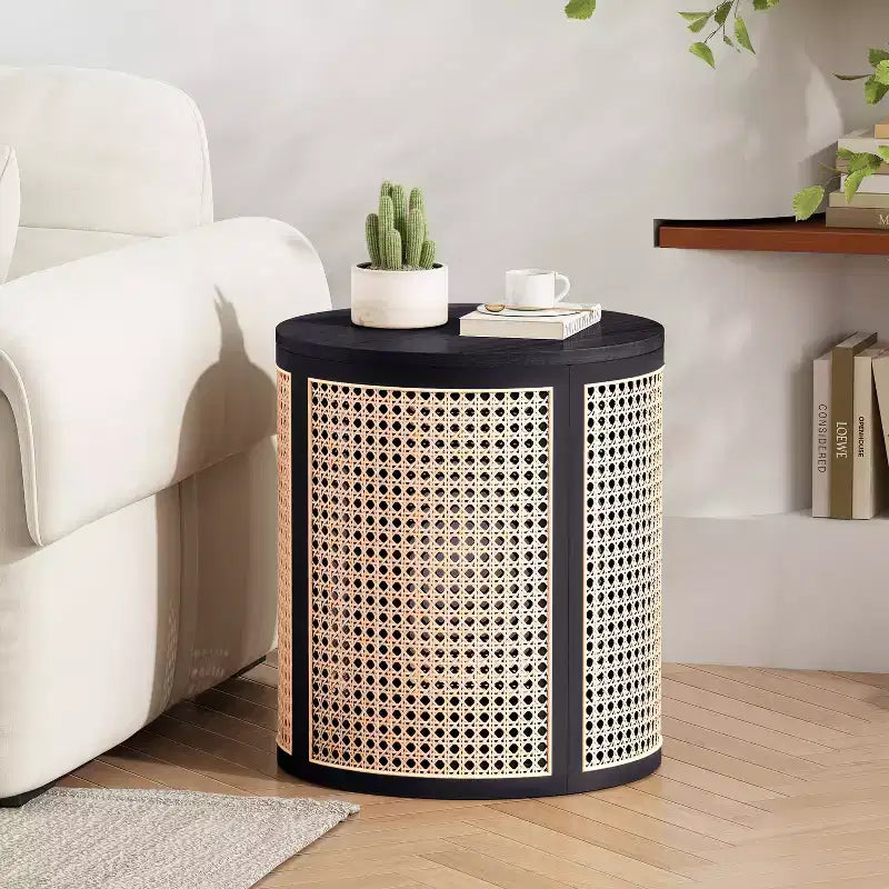 Round Rattan Side Table with Solid Rubber Wood Top, 15.7" End Table