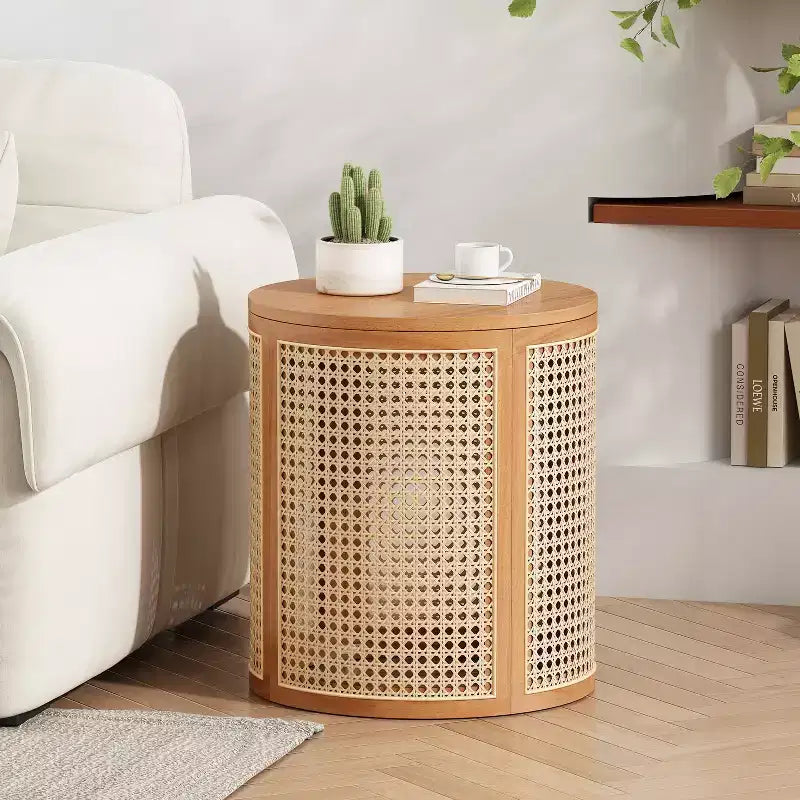Tavolino rotondo in rattan con piano in legno di gomma massiccio, tavolino d'appoggio da 40 cm