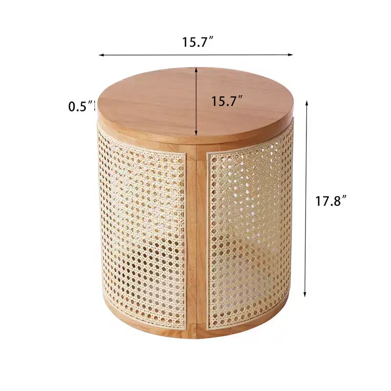Tavolino rotondo in rattan con piano in legno di gomma massiccio, tavolino d'appoggio da 40 cm
