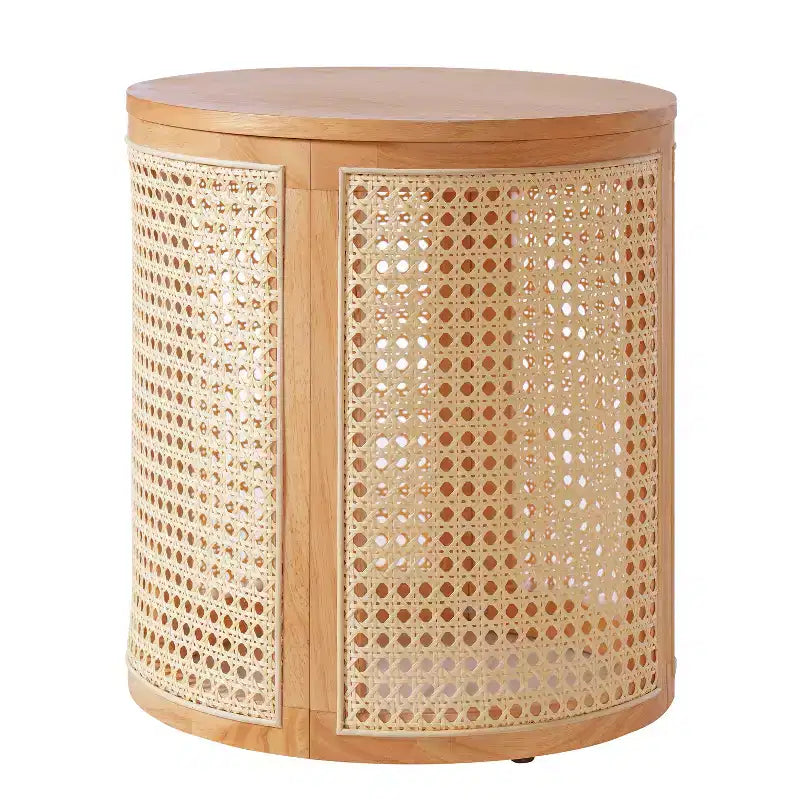 Tavolino rotondo in rattan con piano in legno di gomma massiccio, tavolino d'appoggio da 40 cm
