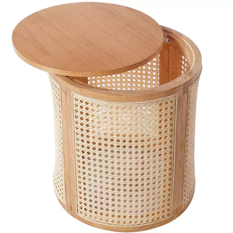 Tavolino rotondo in rattan con piano in legno di gomma massiccio, tavolino d'appoggio da 40 cm