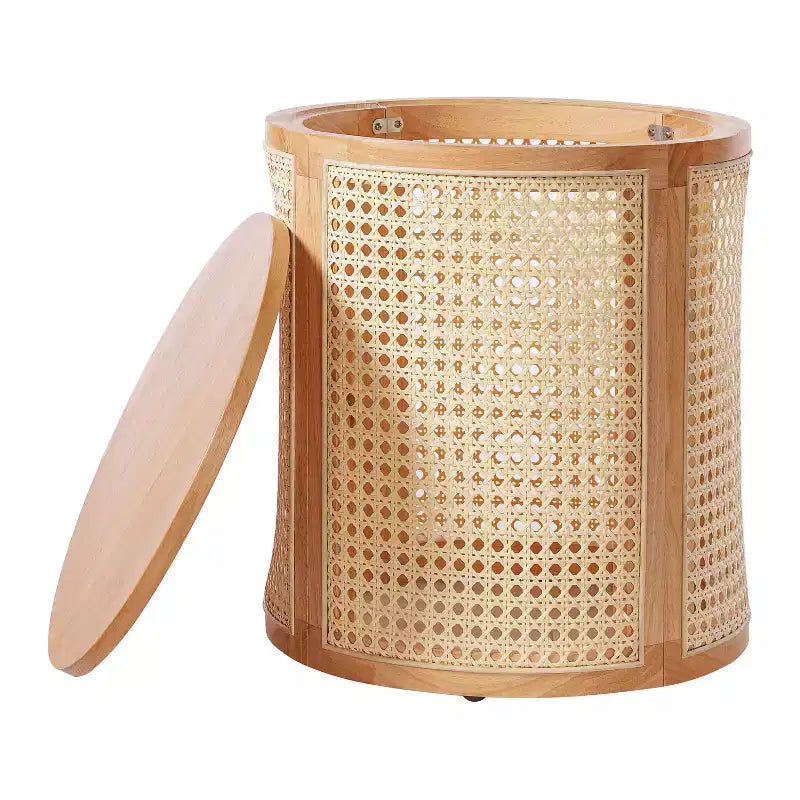 Tavolino rotondo in rattan con piano in legno di gomma massiccio, tavolino d'appoggio da 40 cm