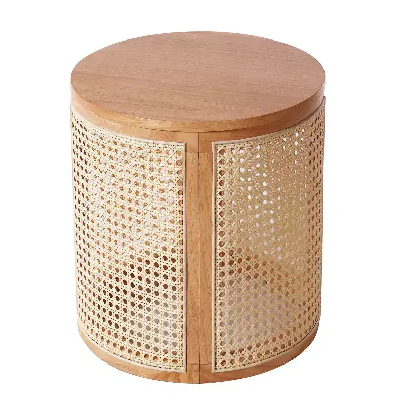 Tavolino rotondo in rattan con piano in legno di gomma massiccio, tavolino d'appoggio da 40 cm