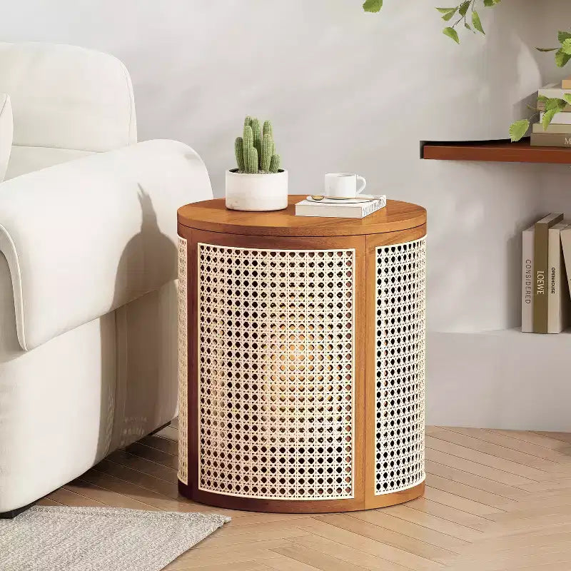 Tavolino rotondo in rattan con piano in legno di gomma massiccio, tavolino d'appoggio da 40 cm