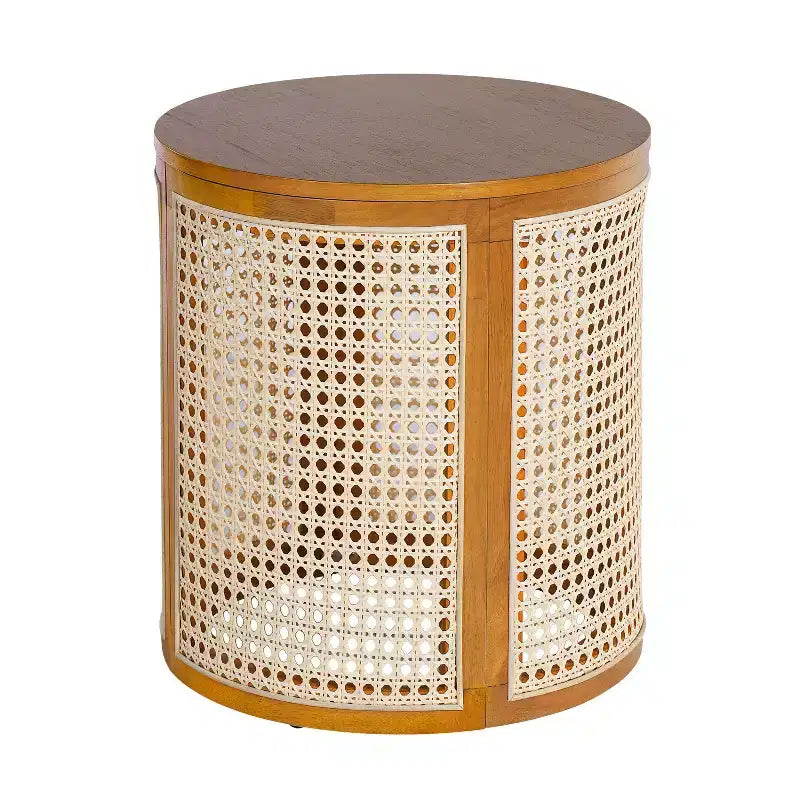 Tavolino rotondo in rattan con piano in legno di gomma massiccio, tavolino d'appoggio da 40 cm