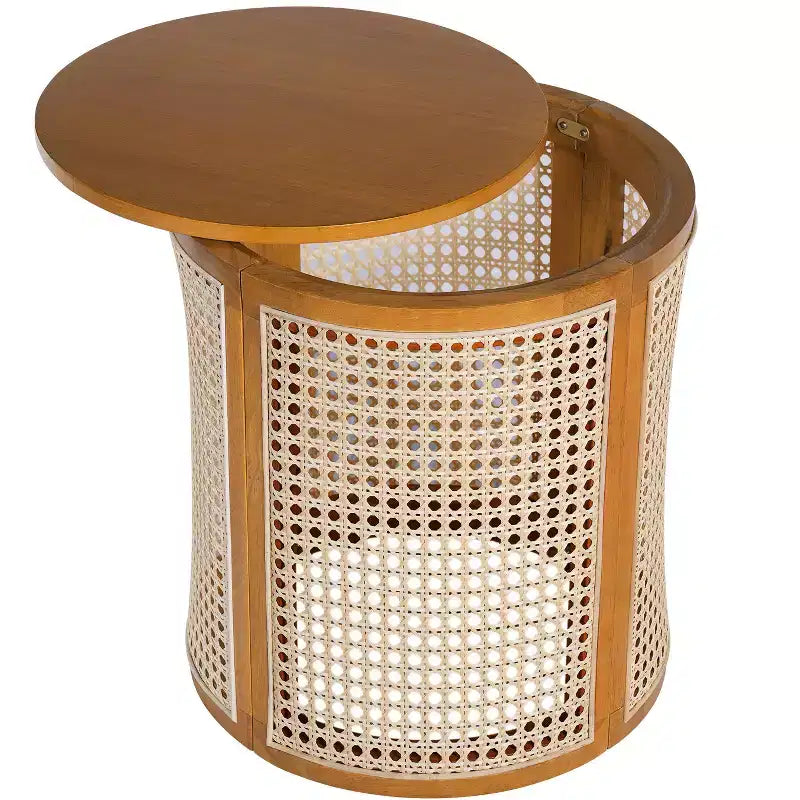 Tavolino rotondo in rattan con piano in legno di gomma massiccio, tavolino d'appoggio da 40 cm