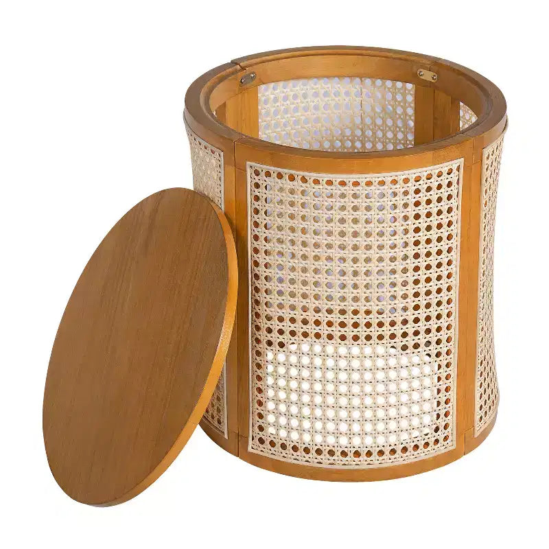 Tavolino rotondo in rattan con piano in legno di gomma massiccio, tavolino d'appoggio da 40 cm