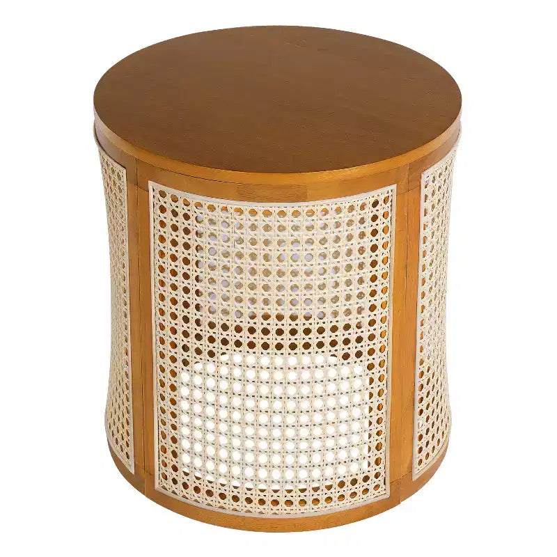Tavolino rotondo in rattan con piano in legno di gomma massiccio, tavolino d'appoggio da 40 cm
