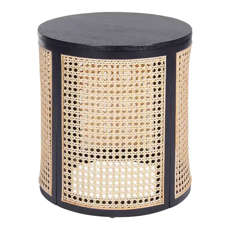 Tavolino rotondo in rattan con piano in legno di gomma massiccio, tavolino d'appoggio da 40 cm