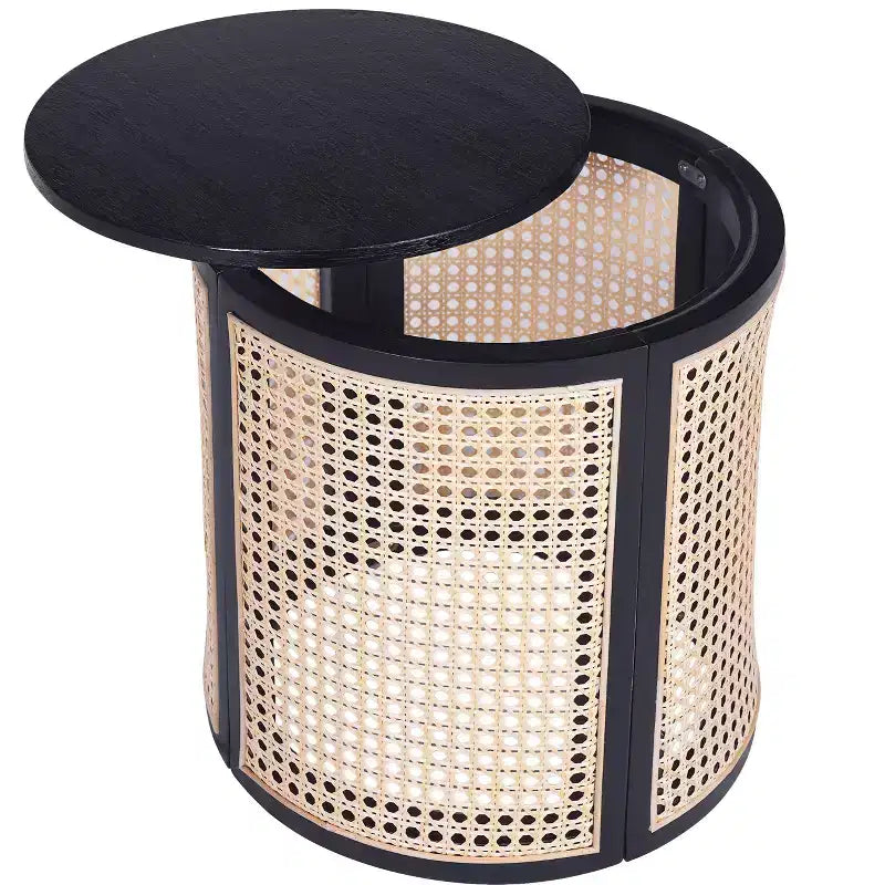 Round Rattan Side Table with Solid Rubber Wood Top, 15.7" End Table