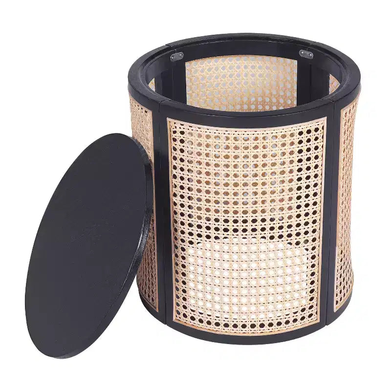 Tavolino rotondo in rattan con piano in legno di gomma massiccio, tavolino d'appoggio da 40 cm