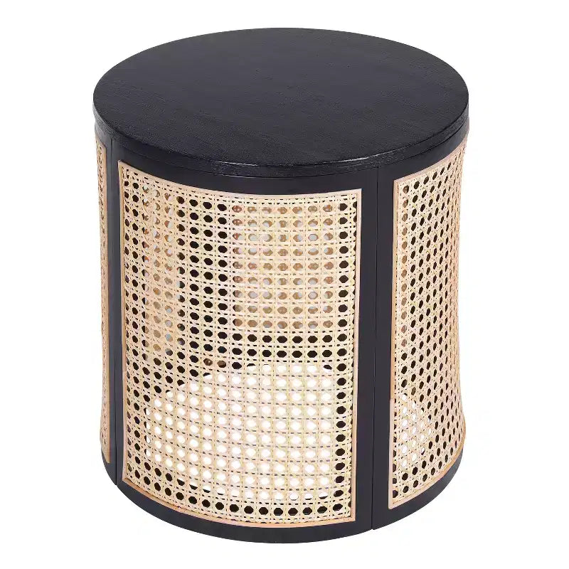 Tavolino rotondo in rattan con piano in legno di gomma massiccio, tavolino d'appoggio da 40 cm