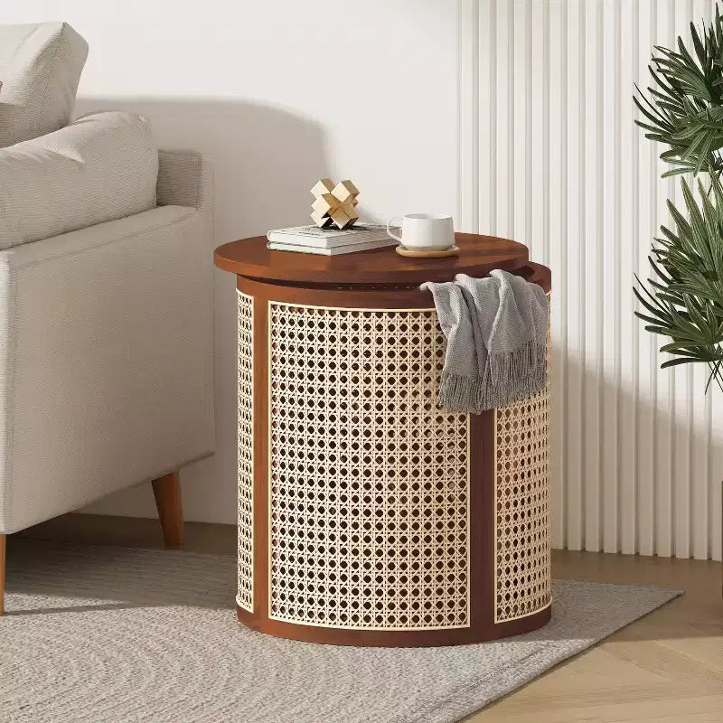 Round Rattan Side Table with Solid Rubber Wood Top, 15.7" End Table