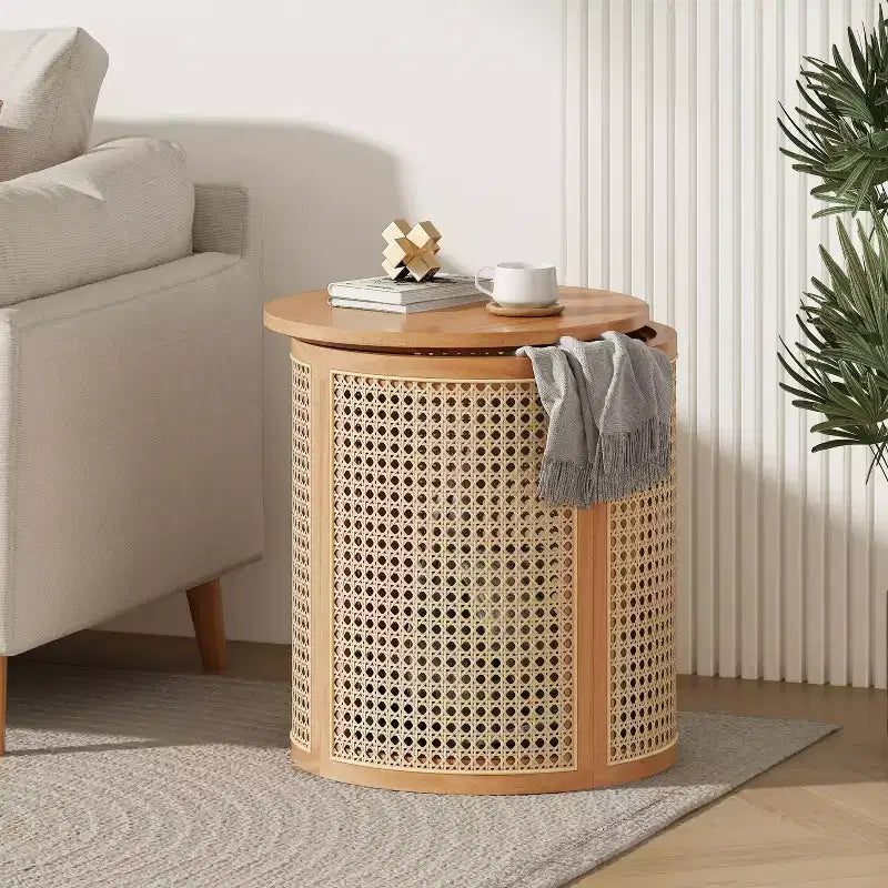 Round Rattan Side Table with Solid Rubber Wood Top, 15.7" End Table
