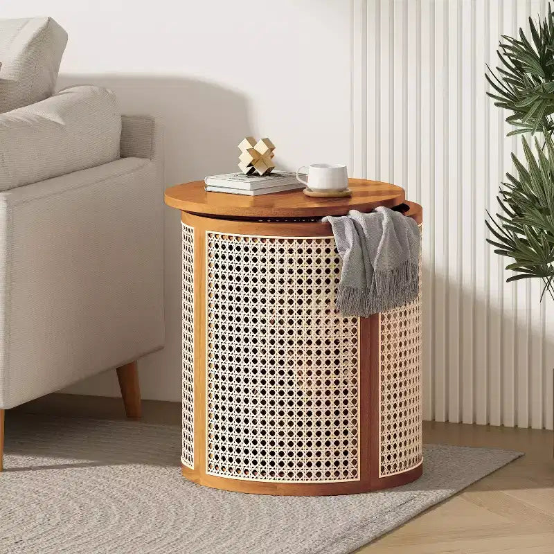 Round Rattan Side Table with Solid Rubber Wood Top, 15.7" End Table