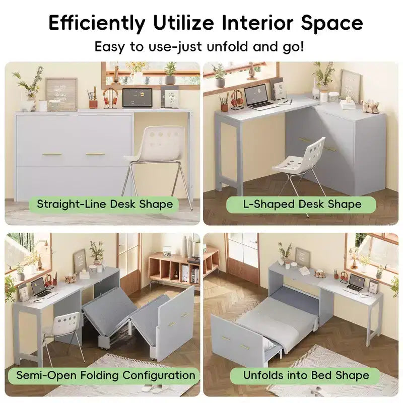 Letto a scomparsa Twin Size con scrivania regolabile e cuscino pieghevole