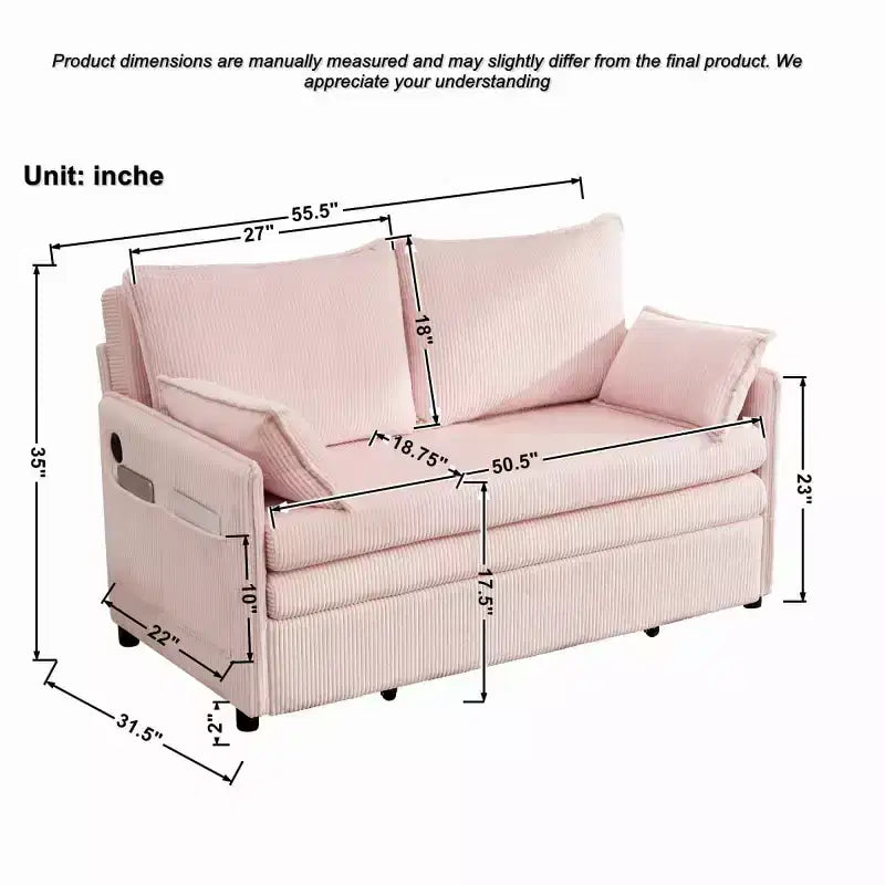 Divano Letto Convertibile 3-in-1 in Velluto a Coste con Ricarica USB e Tasca Laterale, Divano Letto Estraibile Singolo