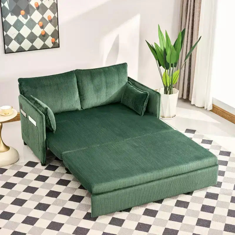 Divano Letto Convertibile 3-in-1 in Velluto a Coste con Ricarica USB e Tasca Laterale, Divano Letto Estraibile Singolo
