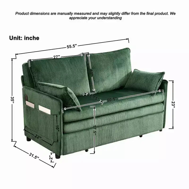 Divano Letto Convertibile 3-in-1 in Velluto a Coste con Ricarica USB e Tasca Laterale, Divano Letto Estraibile Singolo