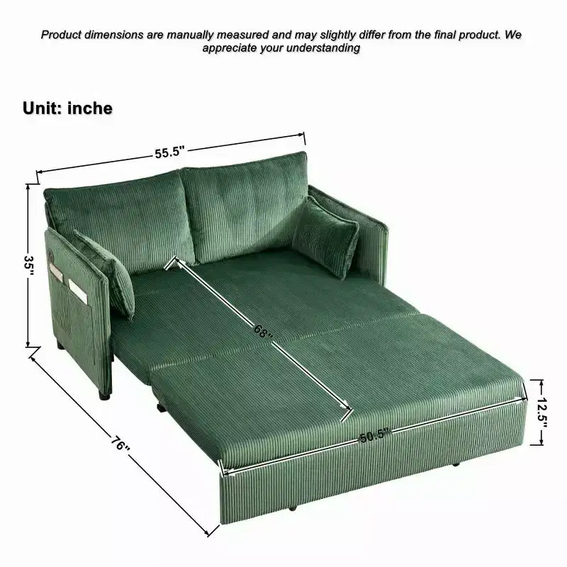 Divano Letto Convertibile 3-in-1 in Velluto a Coste con Ricarica USB e Tasca Laterale, Divano Letto Estraibile Singolo