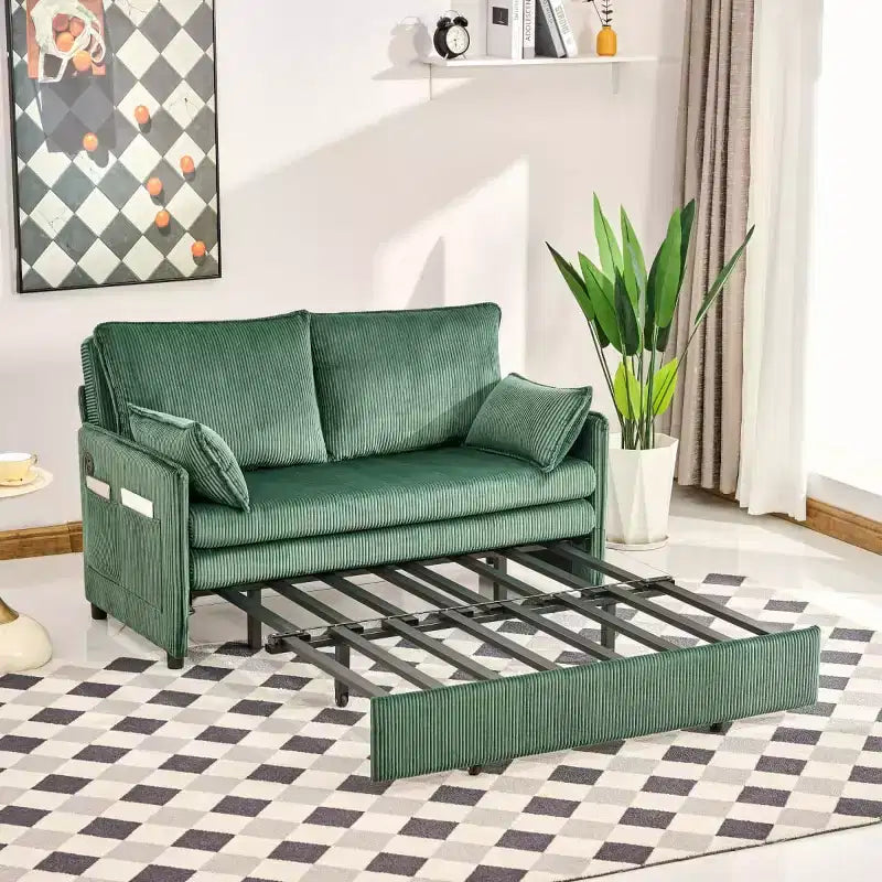 Divano Letto Convertibile 3-in-1 in Velluto a Coste con Ricarica USB e Tasca Laterale, Divano Letto Estraibile Singolo