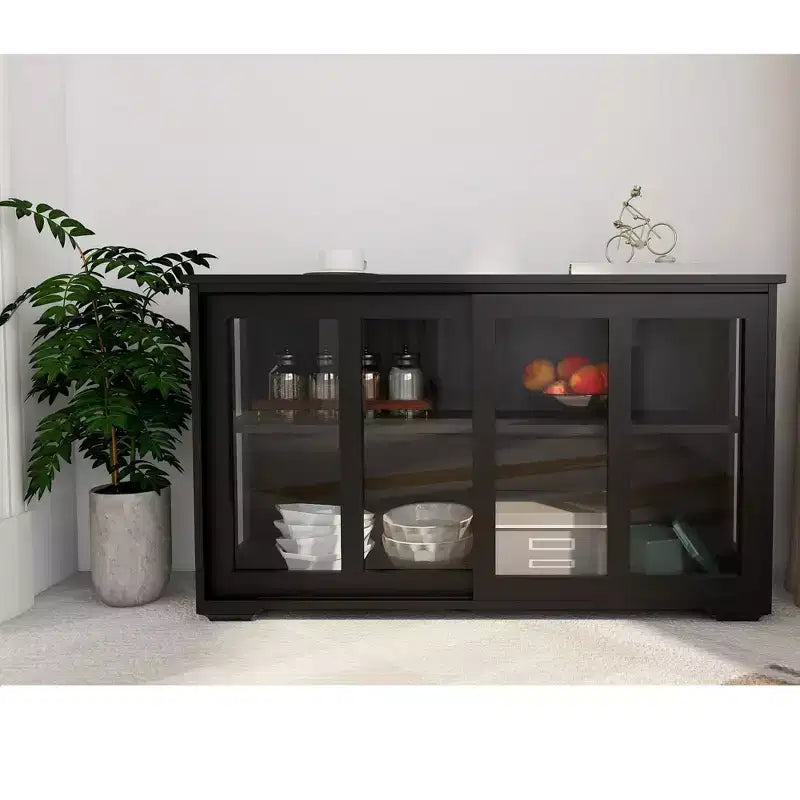 Mobile credenza da cucina con ante scorrevoli in vetro, ripiano regolabile a 2 livelli, credenza per cucina, sala da pranzo, soggiorno