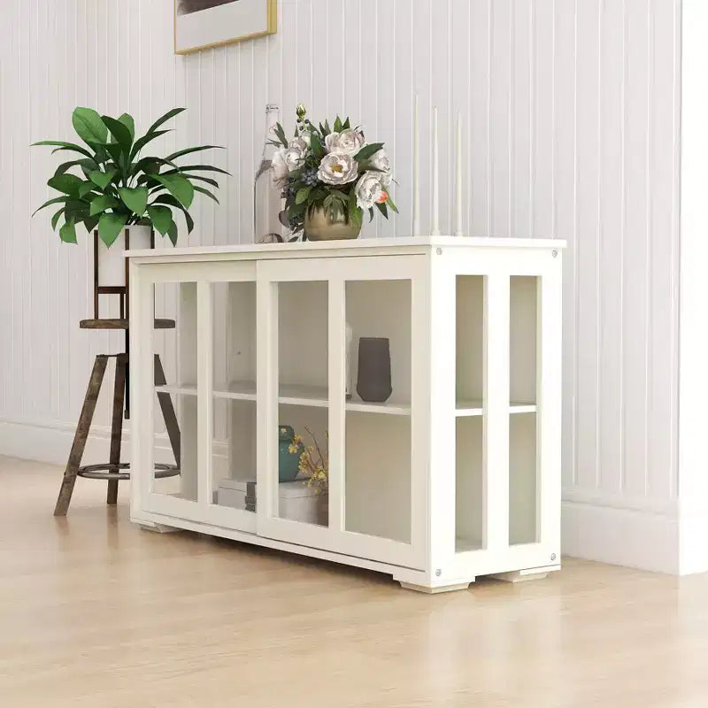 Mobile credenza da cucina con ante scorrevoli in vetro, ripiano regolabile a 2 livelli, credenza per cucina, sala da pranzo, soggiorno