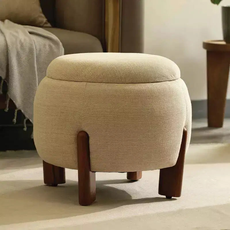 Pouf rotondo artigianale con base in legno di mango | Elegante poggiapiedi per camera da letto e soggiorno