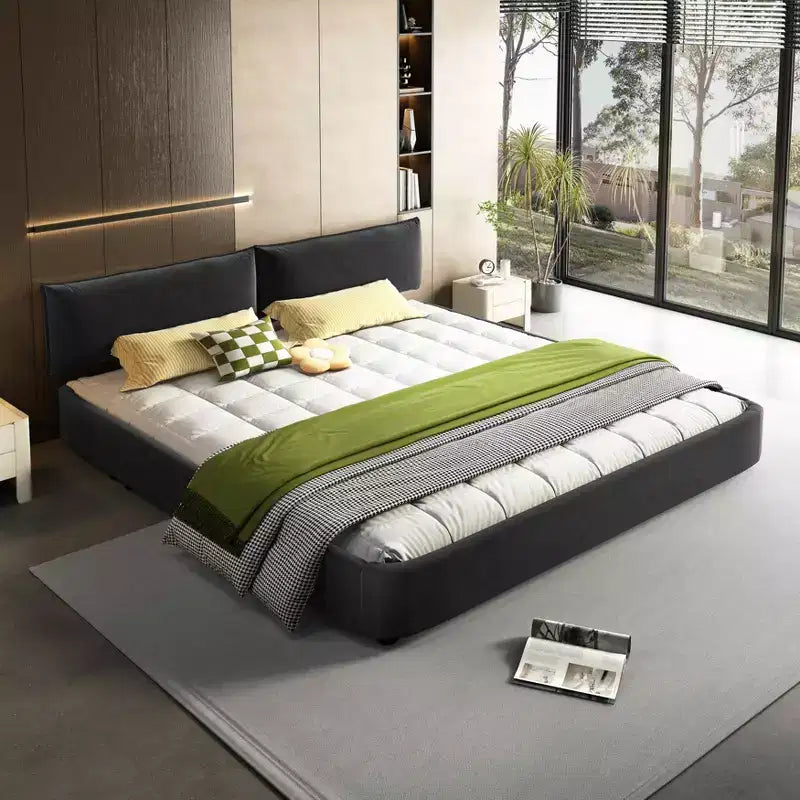 Struttura Letto King Size Cloud con testiera imbottita oversize mobile, angoli arrotondati, doghe in legno massiccio, doppio supporto, grigio scuro