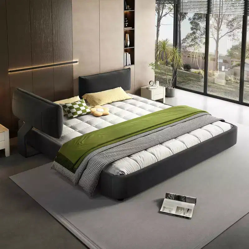 Struttura Letto King Size Cloud con testiera imbottita oversize mobile, angoli arrotondati, doghe in legno massiccio, doppio supporto, grigio scuro