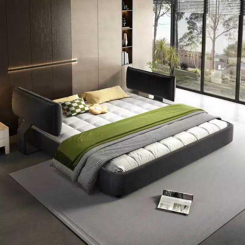Struttura Letto King Size Cloud con testiera imbottita oversize mobile, angoli arrotondati, doghe in legno massiccio, doppio supporto, grigio scuro