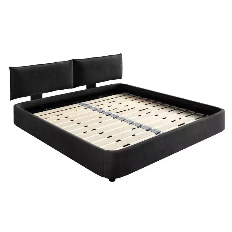 Struttura Letto King Size Cloud con testiera imbottita oversize mobile, angoli arrotondati, doghe in legno massiccio, doppio supporto, grigio scuro