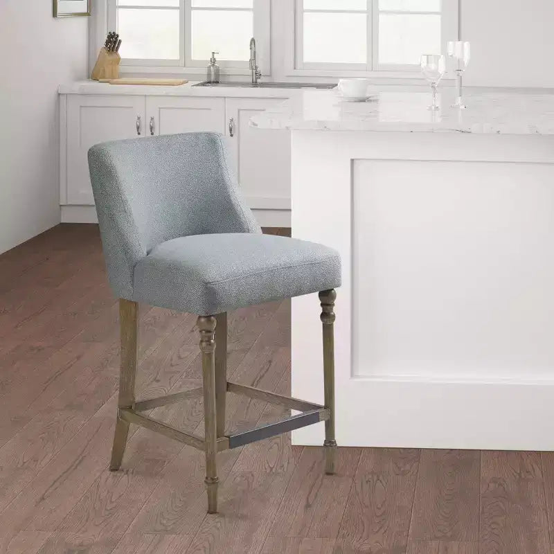 Sgabello da bancone imbottito, blu, seduta quadrata, gambe in legno, tessuto in poliestere