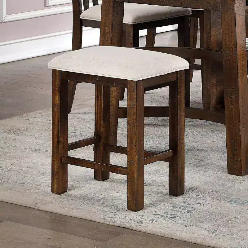 Set di 2 sgabelli da bar rustici altezza bancone, 63,5 cm, cuscino imbottito, poggiapiedi, quercia rustica