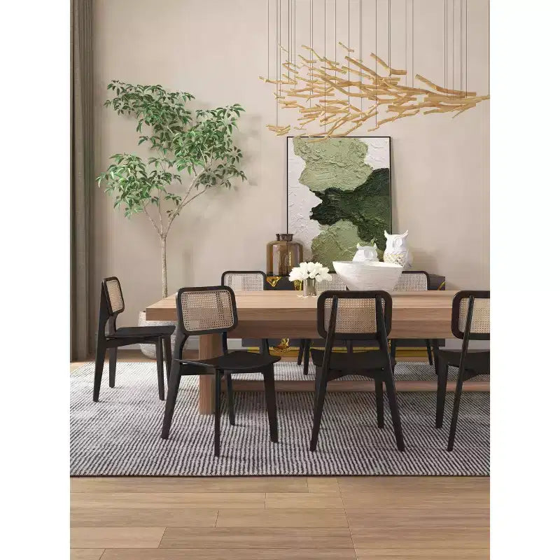 Set di 2 sedie da pranzo quadrate, telaio in legno di frassino, dettagli in rattan, seduta ergonomica, nero/naturale