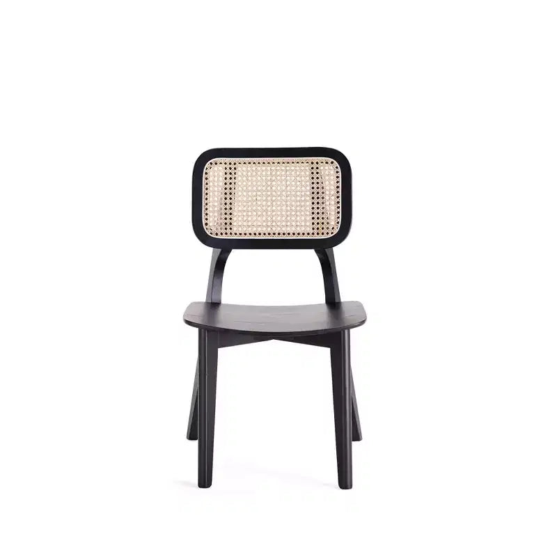 Set di 2 sedie da pranzo quadrate, telaio in legno di frassino, dettagli in rattan, seduta ergonomica, nero/naturale