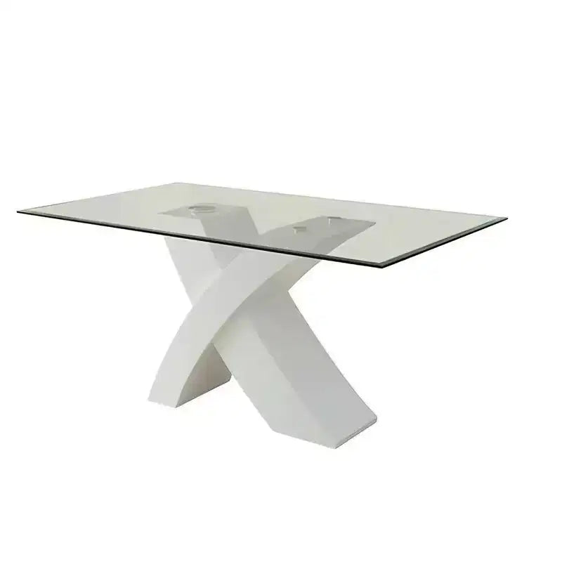 Tavolo da pranzo moderno in vetro bianco/trasparente | 4 posti, base in legno incrociata